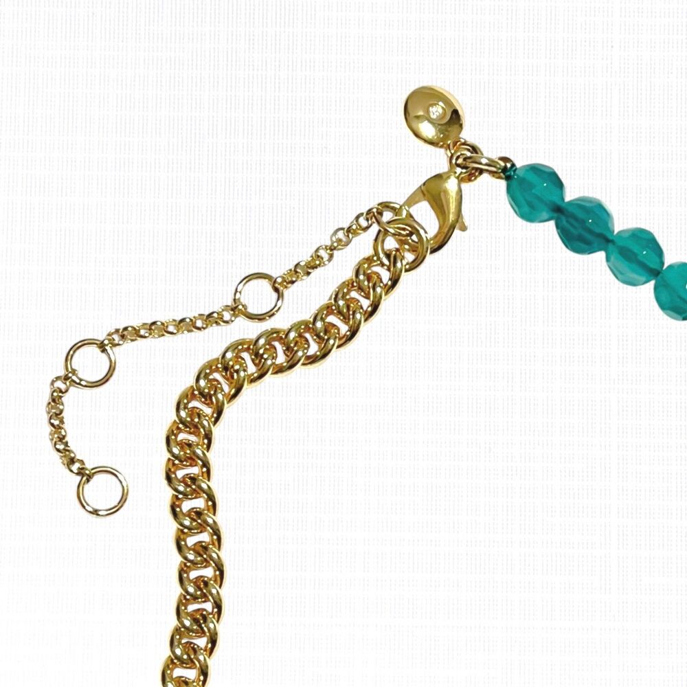 J Crew Half Beaded Chain Necklace Coin Pendant Green Gold Tone Oval Dangle - Picture 6 of 7